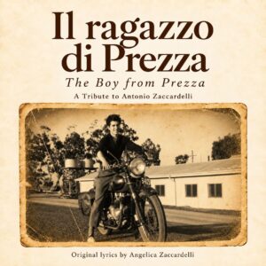 Il Ragazzo di Prezza tribute song cover featuring a sepia photograph of Antonio Zaccardelli on a motorcycle.