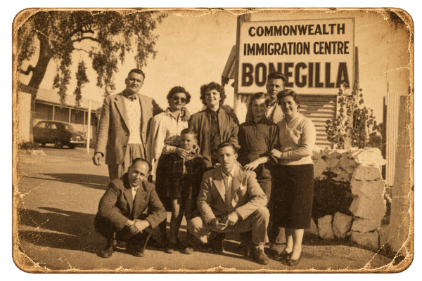 Sepia photograph of adults and a child posing beside the Commonwealth Immigration Centre Bonegilla sign, framed by an aged vintage border.