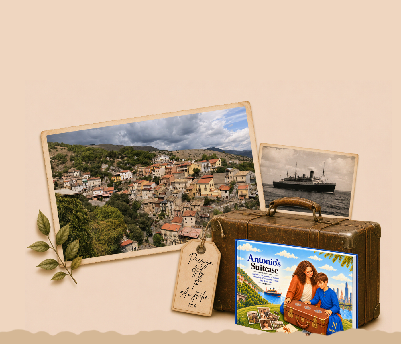 Antonio’s Suitcase children’s book with open illustrated pages and a vintage brown suitcase