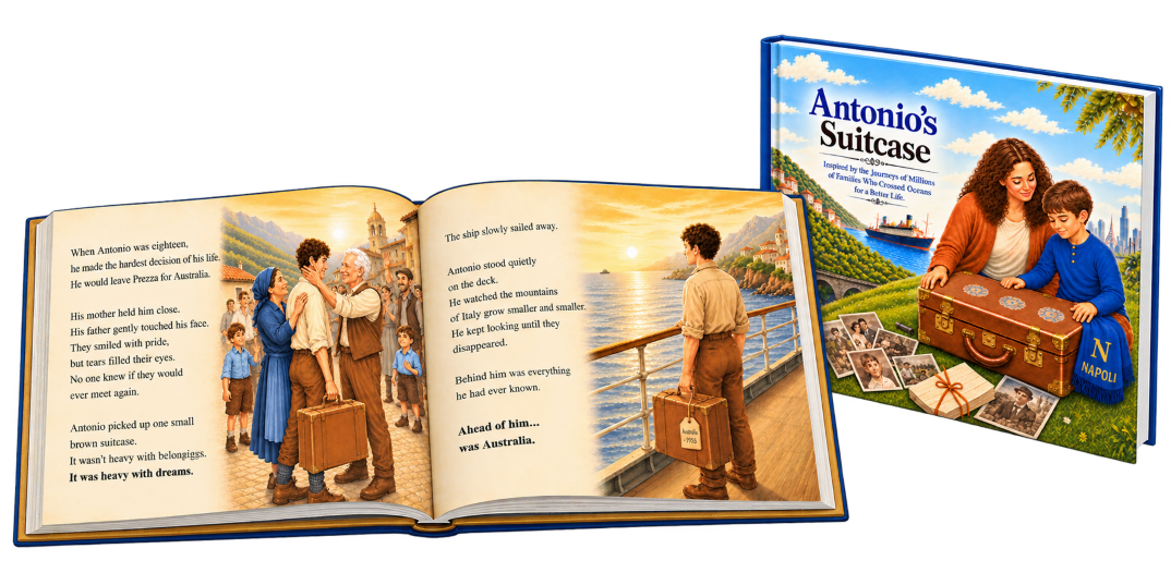 Antonio’s Suitcase book cover displayed beside two open illustrated pages